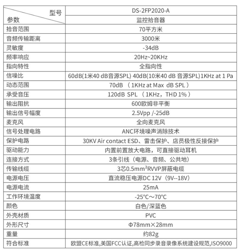 ?？低旸S-2FP2020-A 監(jiān)控專用拾音器